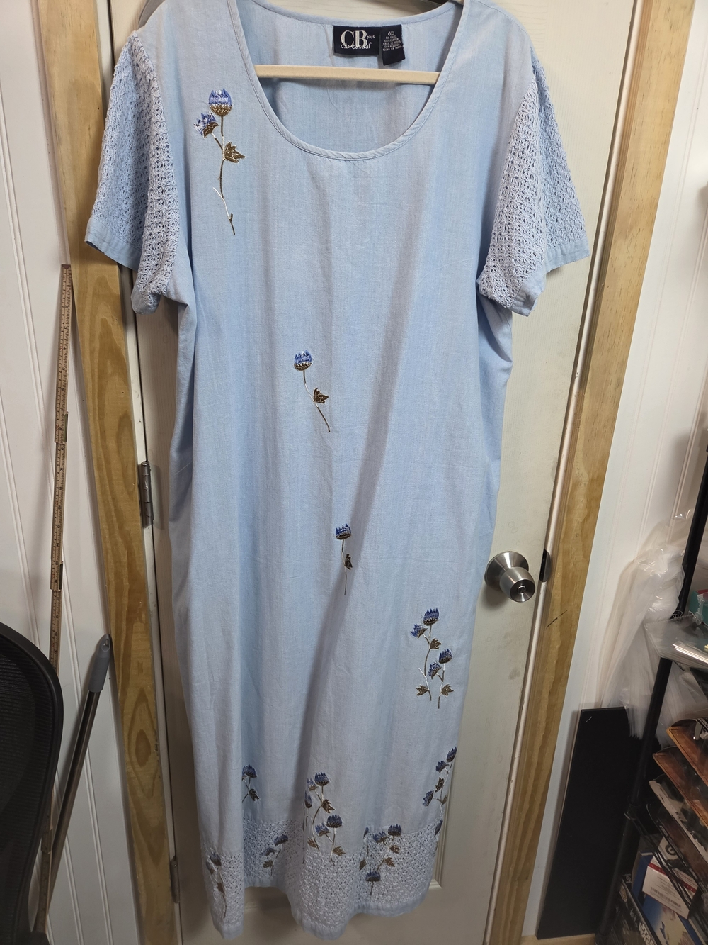Embroidered Maxi Dress Crochet Retro Vintage Light Blue Floral #0469